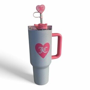 Juicy Couture Sparkly Glitter Gray & Hot Pink Tumbler with Straw Topper 40oz